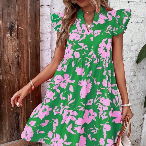 . Dresses & Skirts - Green Boho Womens Floral Print Butterfly Sleeve Ruffle Hem Smock Dress